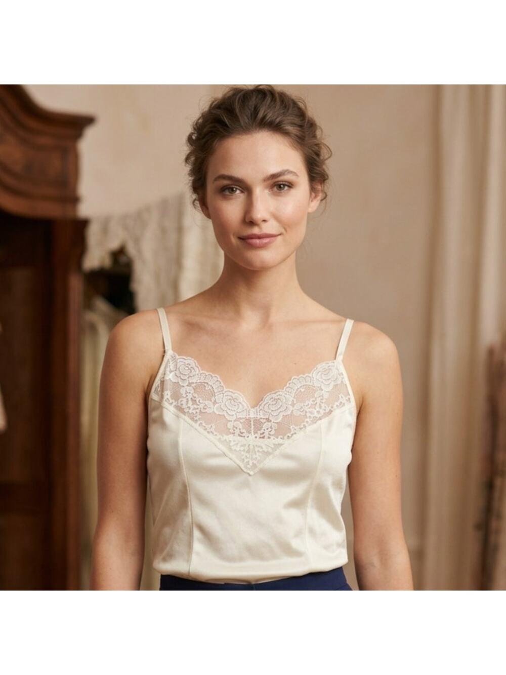 Diane von Furstenberg Vintage Camisole Lace Trim Satin Ivory Tank Top Coquette